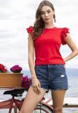 Lela Pamuklu Kolları Fırfırlı Slim Fit Bisiklet Yaka Bayan T Shirt 5864500 KIRMIZI