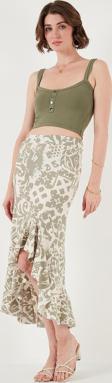 Lela Regular Fit Desenli Yüksek Bel Volanlı Midi Boy Yırtmaçlı Bayan Etek 5869013 Olive