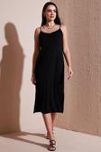 Lela Regular Fit İp Askılı Yırtmaç Detaylı Midi Bayan Elbise 5866128 SİYAH