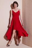 Lela Asimetrik Kesim Regular Fit Midi Boy Askılı V Yaka Bayan Elbise 5866131 KIRMIZI