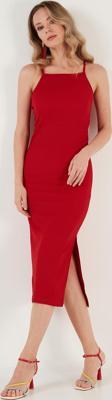 Lela İp Askılı Fitted-Vücuda Oturan Yırtmaçlı Midi Bayan Elbise 5865573 KIRMIZI