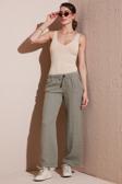 Lela Relaxed Fit Normal Bel Geniş Paça Çİft Cepli Keten Bayan Pantolon 668YP4991 HAKİ