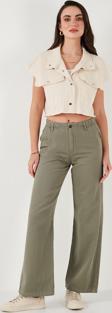 Lela Pamuklu Standart Fit Yüksek Bel Geniş Paça Bayan Pantolon 668YP5344 HAKİ