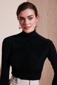 Lela Streç Büzgü Detaylı Slim Fit Dik Yaka Bayan Bluz 669925 SİYAH