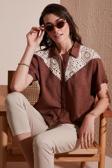Lela Dantelli Relaxed Fit Kısa Kollu Bayan Gömlek 5865764 KAHVE