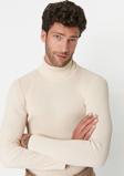 Erkek Slim Fit Dar Kesim Yumuşak Dokulu Tüylenmeyen Bej Tam Balıkçı Yaka Triko Kazak