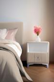 Gazzini Furniture Singular Silver iki Çekmeceli Koyu Bej Komodin Raflı Kumaş Kapaklı Yatak Odası Komodin