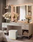 Gazzini Furniture Zengo Gold Twin Line Kare Puf Beyaz Kumaş Dekoratif Makyaj Masası Pufu