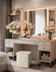 Gazzini Furniture Zengo Gold Twin Line Kare Puf Krem Kumaş Dekoratif Makyaj Masası Pufu