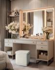 Gazzini Furniture Zengo Silver Twin Line Kare Puf Beyaz Kumaş Dekoratif Makyaj Masası Pufu