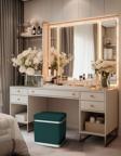 Gazzini Furniture Zengo Silver Twin Line Kare Puf Yeşil Kumaş Dekoratif Makyaj Masası Pufu