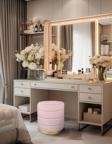 Gazzini Furniture Lungo Roller Gold Kaplama Pofuduk Puf Pembe Silindir Makyaj Masası Puf Koltuğu