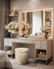 Gazzini Furniture Zerafet Gold Kaplama Luxery Puf Krem Babyface Kumaş Makyaj Koltuğu