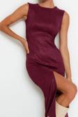 Moda Stil Fitted Bisiklet Yaka Midi Boy Düz Dokuma Elbise