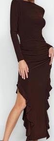 Moda Stil Regular Bisiklet Yaka Midi Boy Eteği Volanlı Kayık Kaya Esnek Örme Elbise