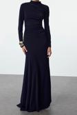 Moda Stil Slim Dik Yaka Maxi Boy Fitted Vücuda Oturan Uzun Kollu Esnek Örme Elbise