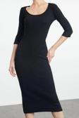 Moda Stil Slim Havuz Yaka Maxi Boy Fitted Vücuda Oturan Uzun Kollu Bisiklet Yaka Esnek Örme Elbise