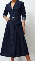 Moda Stil Oversize Gömlek Yaka Maxi Boy Kemerli Denim Elbise