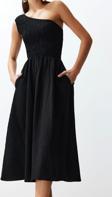Moda Stil Regular Asimetrik Yaka Midi Boy Belden Açılan Üst Bedeni Gipeli Tek Omuz Dokuma Elbise