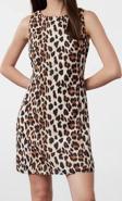Moda Stil Regular Bisiklet Yaka Mini Boy Leopar Desenli Düz Kesim Saten Dokuma Elbise