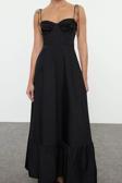Moda Stil Regular Kalp Yaka Maxi Boy Drape Detaylı Dokuma Elbise