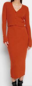 Moda Slim Casual Günlük Fitilli Triko V Yaka Uzun Kol Bodycone Midi Boy Elbise