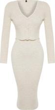Moda Slim Casual Günlük Fitilli Triko V Yaka Uzun Kol Bodycone Midi Boy Elbise