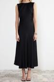 Moda Fit Mezuniyet Balo Saten Dokuma Bisiklet Yaka Kolsuz Kol Shift Maxi Boy Elbise