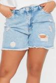 Büyük Beden Moda Denim Yüksek Bel Geniş Paça Gündelik Koyu Mavi Yüksek Bel Destroylu Şort Bermuda