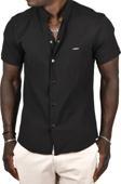 DeepSEA Erkek Siyah Gofre Kumaş Hakim Yaka Slim Fit Likralı Çıtçıtlı Kısa Kollu Gömlek 2403018