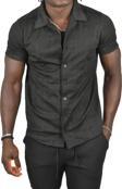 DeepSEA Erkek Siyah Kabartma Desenli Slim Fit Likralı Kısa Kollu Penye Gömlek 2403222