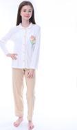 Ekru-Bej Çiçek Baskılı Biyeli Düğmeli %100 Pamuk Kız Çocuk Pijama Takımı