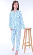 Mavi Papatya Desenli Düğmeli %100 Pamuk Kız Çocuk Pijama Takımı