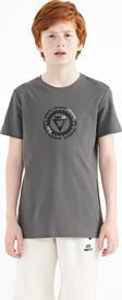 Koyu Gri Nakış İşleme Detaylı O Yaka Standart Kalıp Erkek Çocuk T-Shirt - 11115