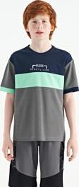 Koyu Gri Renk Geçişli Nakışlı Oversize Erkek Çocuk T-Shirt - 11159