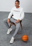 Ekru Yazı Nakışlı O Yaka Rahat Form İçi Polarlı Erkek Sweatshirt - 88020