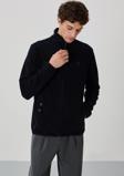Lacivert Yazı Nakışlı Dik Yaka Fermuarlı Standart Kalıp Erkek Sweatshirt Polar - 87992