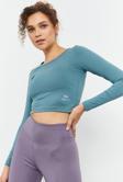 Mint Yeşili Uzun Kollu Dar Kalıp  O Yaka Kadın Crop Top T-Shirt - 97150