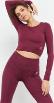 Bordo Uzun Kollu Dar Kalıp  O Yaka Kadın Crop Top T-Shirt - 97150