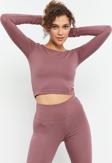 Gül Kurusu Uzun Kollu Dar Kalıp  O Yaka Kadın Crop Top T-Shirt - 97150