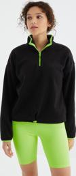 Siyah Yarım Fermuar Etek Ucu Büzgülü Dik Yaka Oversize Kadın Polar Sweatshirt - 97234