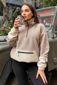 Koyu Bej Etek Ucu Büzgülü Yarım Fermuarlı Oversize Kadın Polar Sweatshirt - 97238