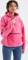 Şeker Pembe Etek Ucu Büzgülü Yarım Fermuarlı Oversize Kadın Polar Sweatshirt - 97238