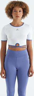 Beyaz Bel Bağlama Detaylı O Yaka Standart Kalıp Dalgıç Kumaş Kadın Crop T-Shirt - 97266