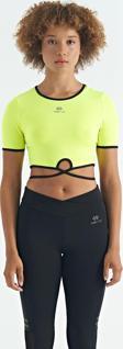 Neon Sarı Bel Bağlama Detaylı O Yaka Standart Kalıp Dalgıç Kumaş Kadın Crop T-Shirt - 97266