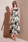 Lela Desenli Oversize Fit Bağlamalı İp Askılı Yuvarlak Yaka Midi Boy Bayan Elbise 5869022 YEŞİL