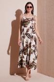 Lela Desenli Oversize Fit Bağlamalı İp Askılı Yuvarlak Yaka Midi Boy Bayan Elbise 5869022 CAMEL