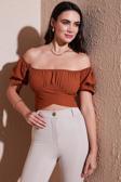 Lela Regular Fit Madonna Yaka Bağlama Detaylı Crop Bayan Bluz 6527017 KAHVE
