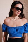 Lela Regular Fit Madonna Yaka Bağlama Detaylı Crop Bayan Bluz 6527017 MAVİ