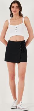 Lela Streç Bağlamalı Slim Fit Yüksek Bel Mini Bayan Şort Etek 5865745 SİYAH